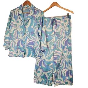 Natori Pajamas Set Sz M  Psychedelic Patterned  Satin Blue Tie Waist Silk Like